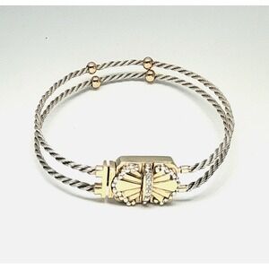 10K White and Yellow Gold Sterling Silver Cable Two Strand Slide Bracelet Signed